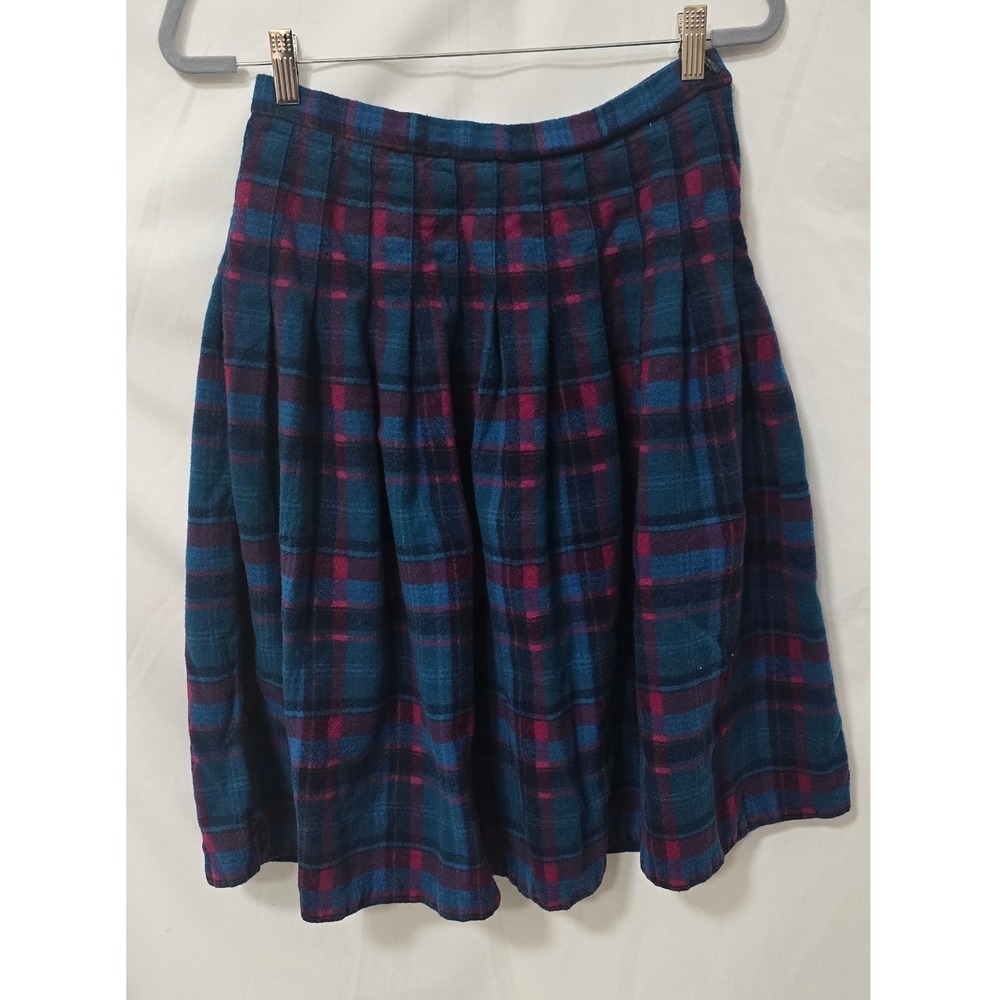 Vtg Pendleton Virgin wool pleated midi skirt women 16 blue red plaid A-Line